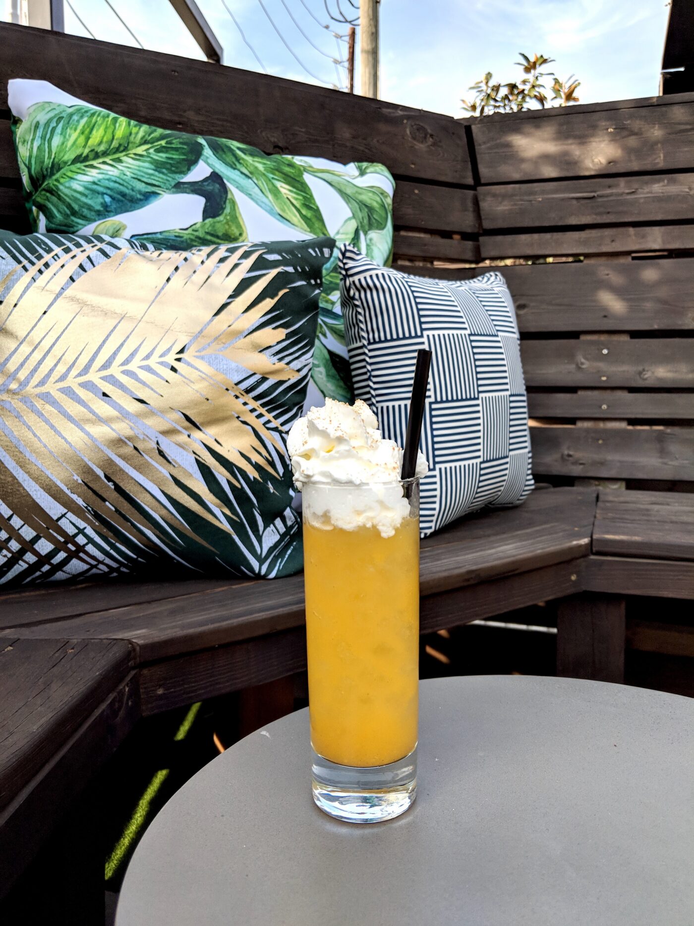 One of Taste's dessert bar cocktails, the Peach Cobbler ($12): Deep Eddy peach vodka, Pinnacle whipped cream vodka, peach cobbler purée, lemon juice, turbinado syrup; served with whipped cream, mint, and graham cracker crumbs.