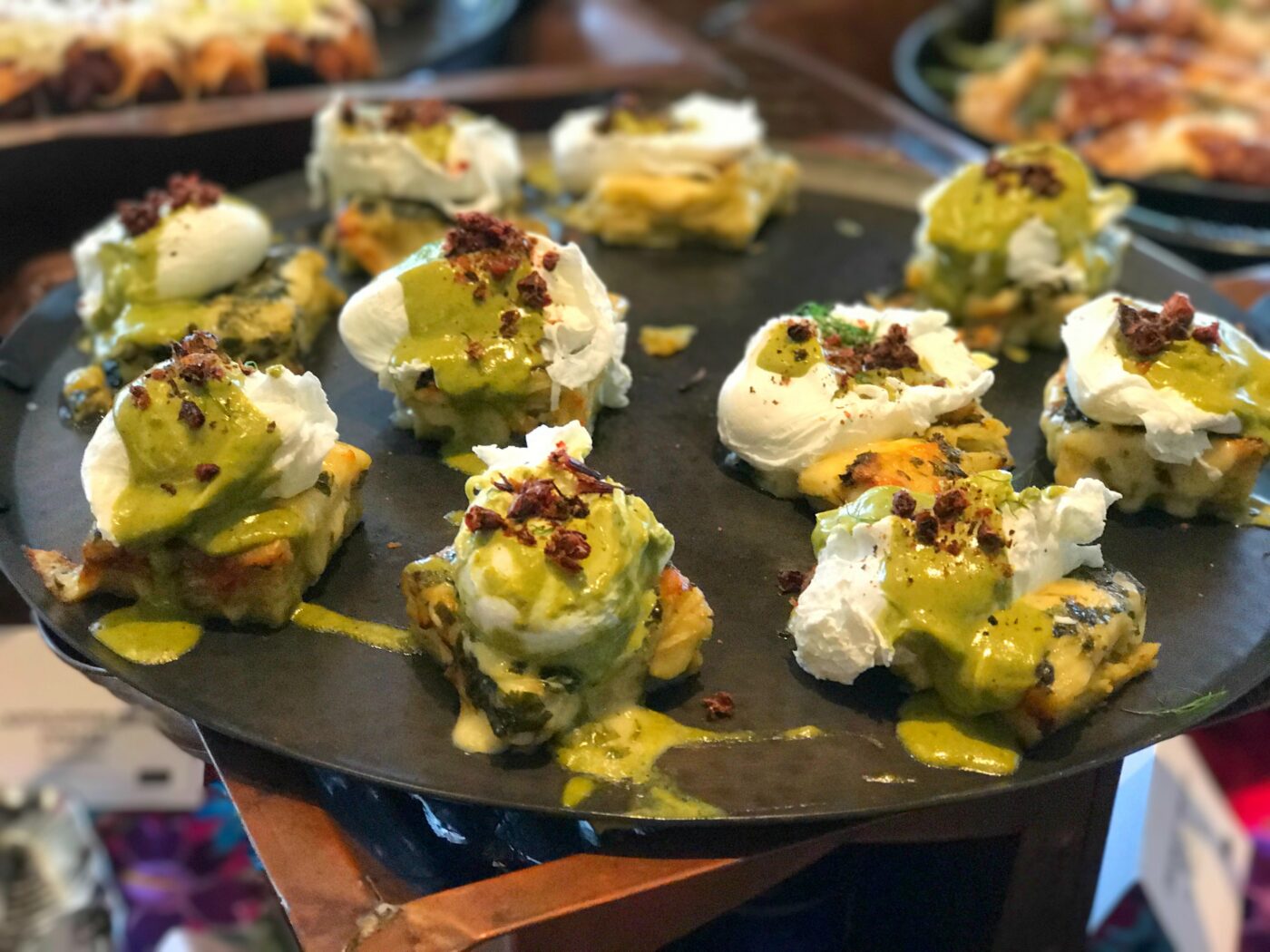 Ortega's restaurants always do a buffet poached egg exceptionally well. These, covered in creamy Poblano sauce and toasted grasshoppers, melt over a square of buttery layered tortillas that reminded us of French potato dish Pommes Anna.