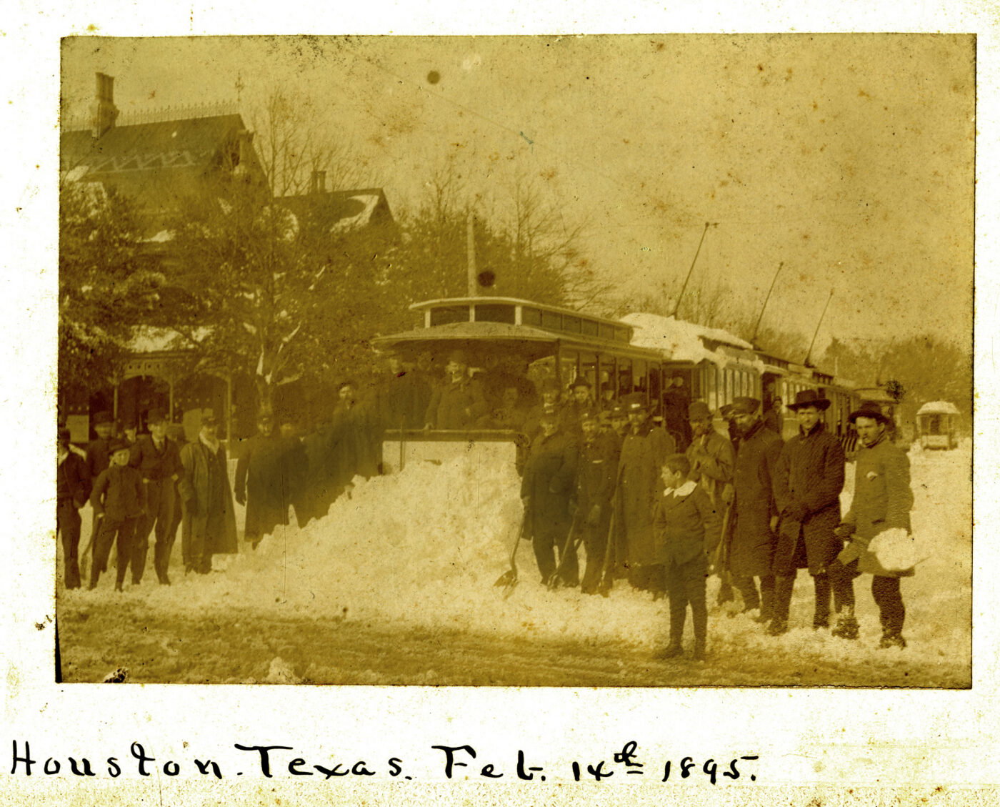 The 1895 snowfall piled up around streetcars across the city, such as this one in the Heights.