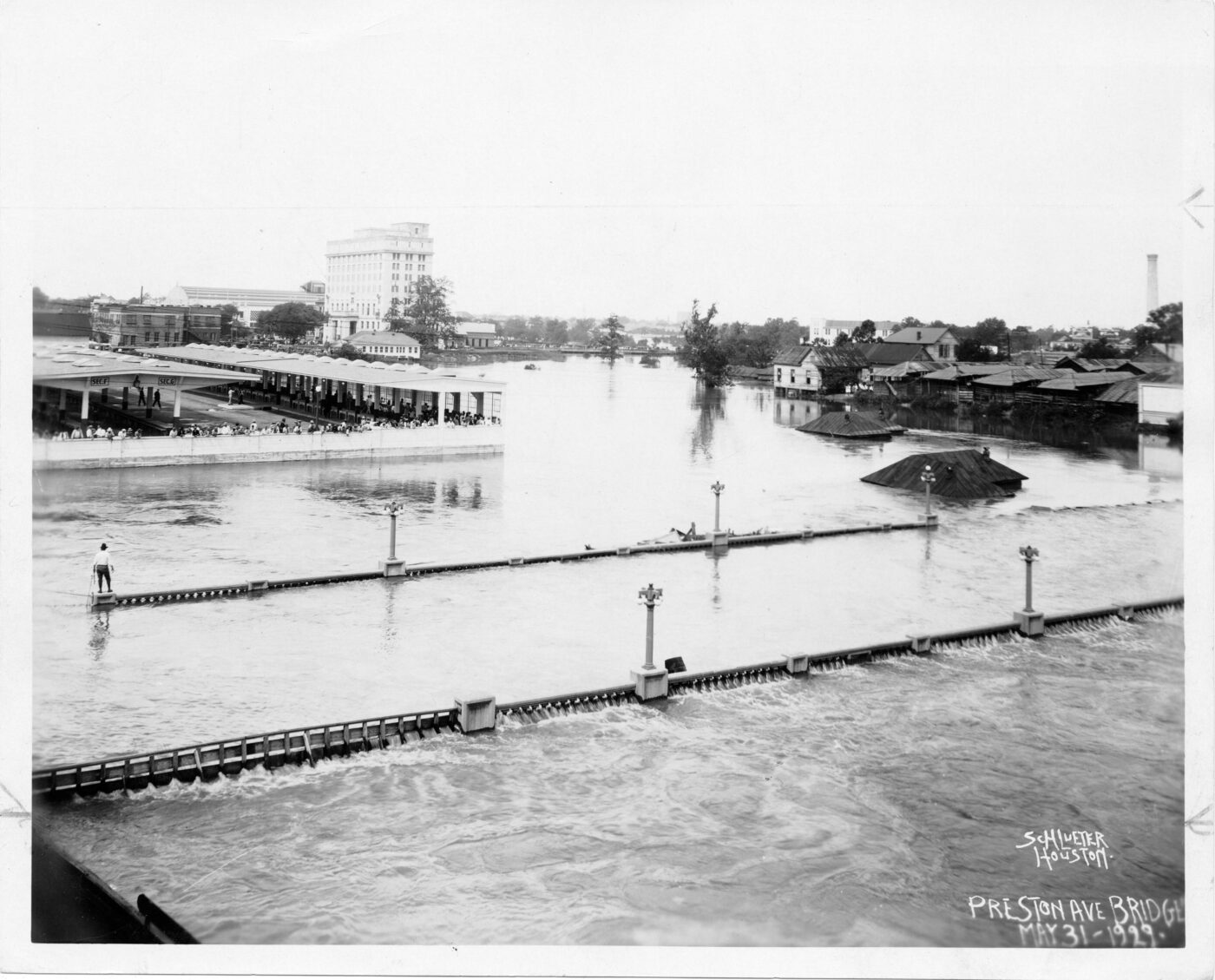 The 1929 flood that devastated downtown was the third significant rain event that year. By May 31, White Oak and Buffalo Bayou were completely out of their banks after 10 to 15 inches of rain fell across the city, turning bridges like this one at Preston Avenue into virtual dams.