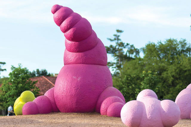 Canadian-born Houstonian Sharon Engelstein showcases her quirky sculptural forms in this work, which features what she calls “a Mamadillidiida shepherding identical quadruplets,” or Dillidiidae. The work, located on the grassy berm near the Buddy Carruth