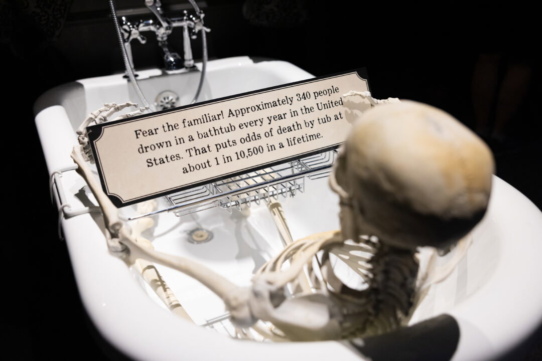 A skeleton sits in a bathtub. It holds a plaque reading "Fear the familiar! Approximately 340 people drown in a bathtub every year in the United States. That puts odds of death at 1 in 10,500 in a lifetime.""