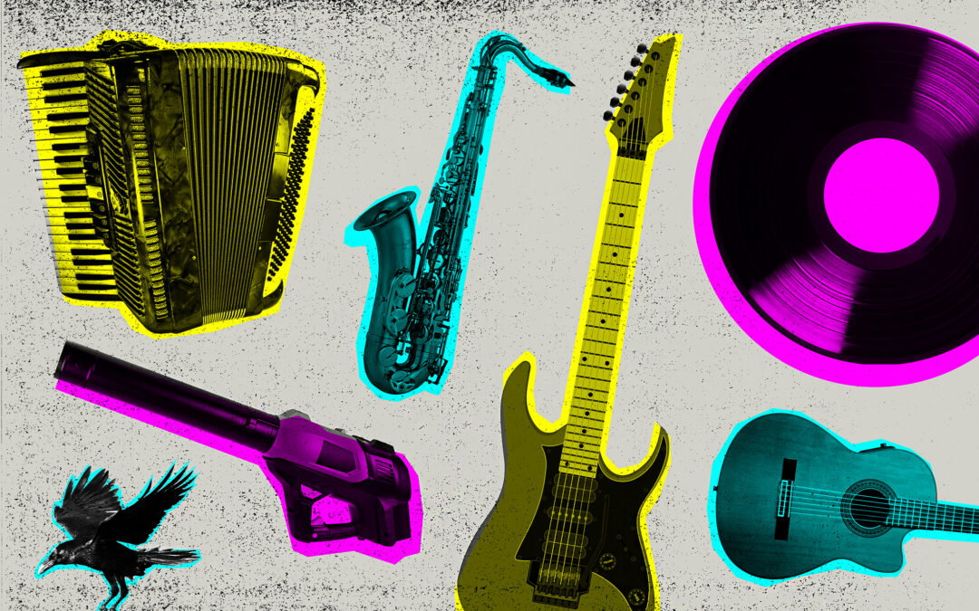 A collage featuring acoustic and electric guitars, a vinyl record, an accordion, a saxophone, a grackle, and a leaf blower.