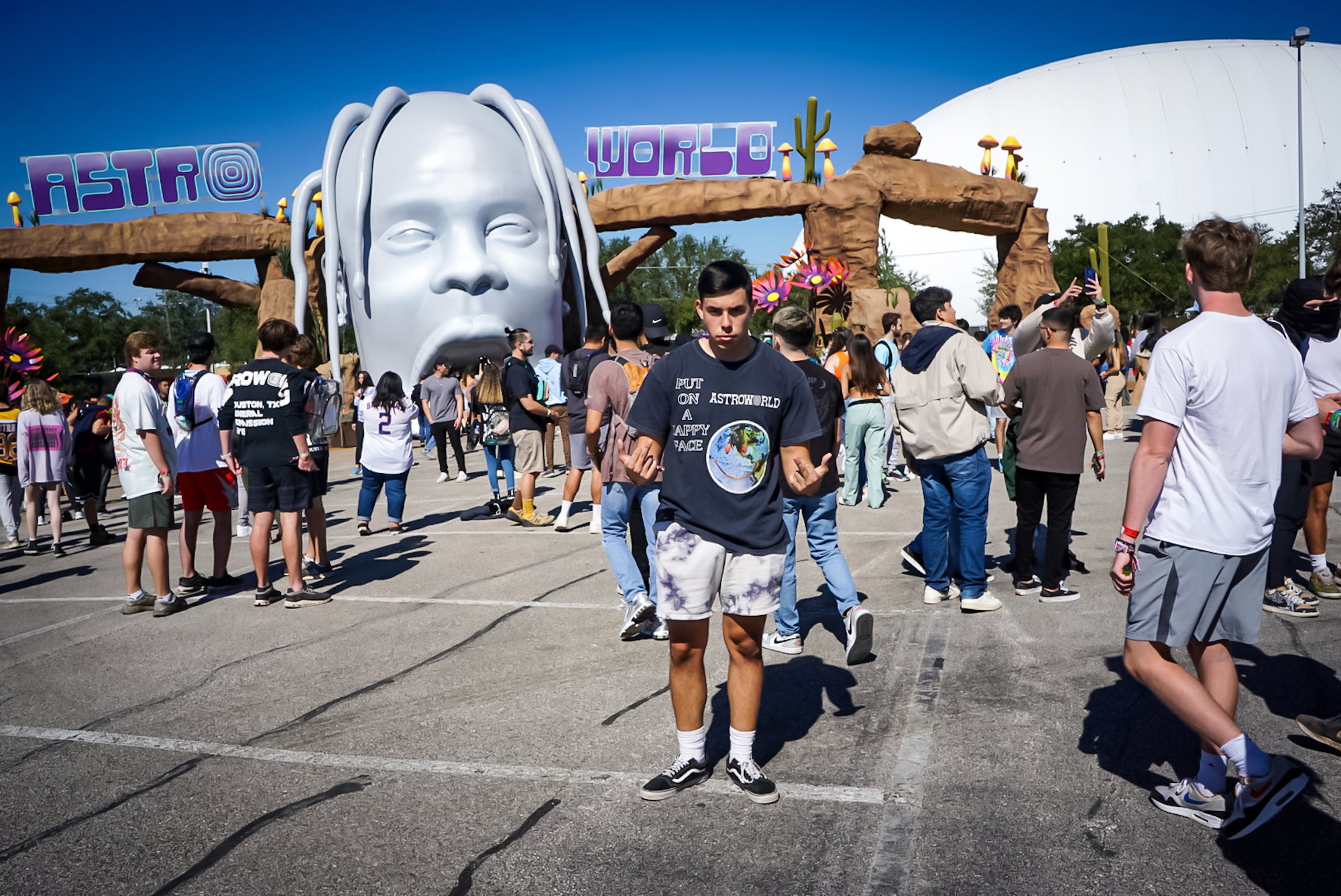 The line for the Astroworld merchandise is a mile long.